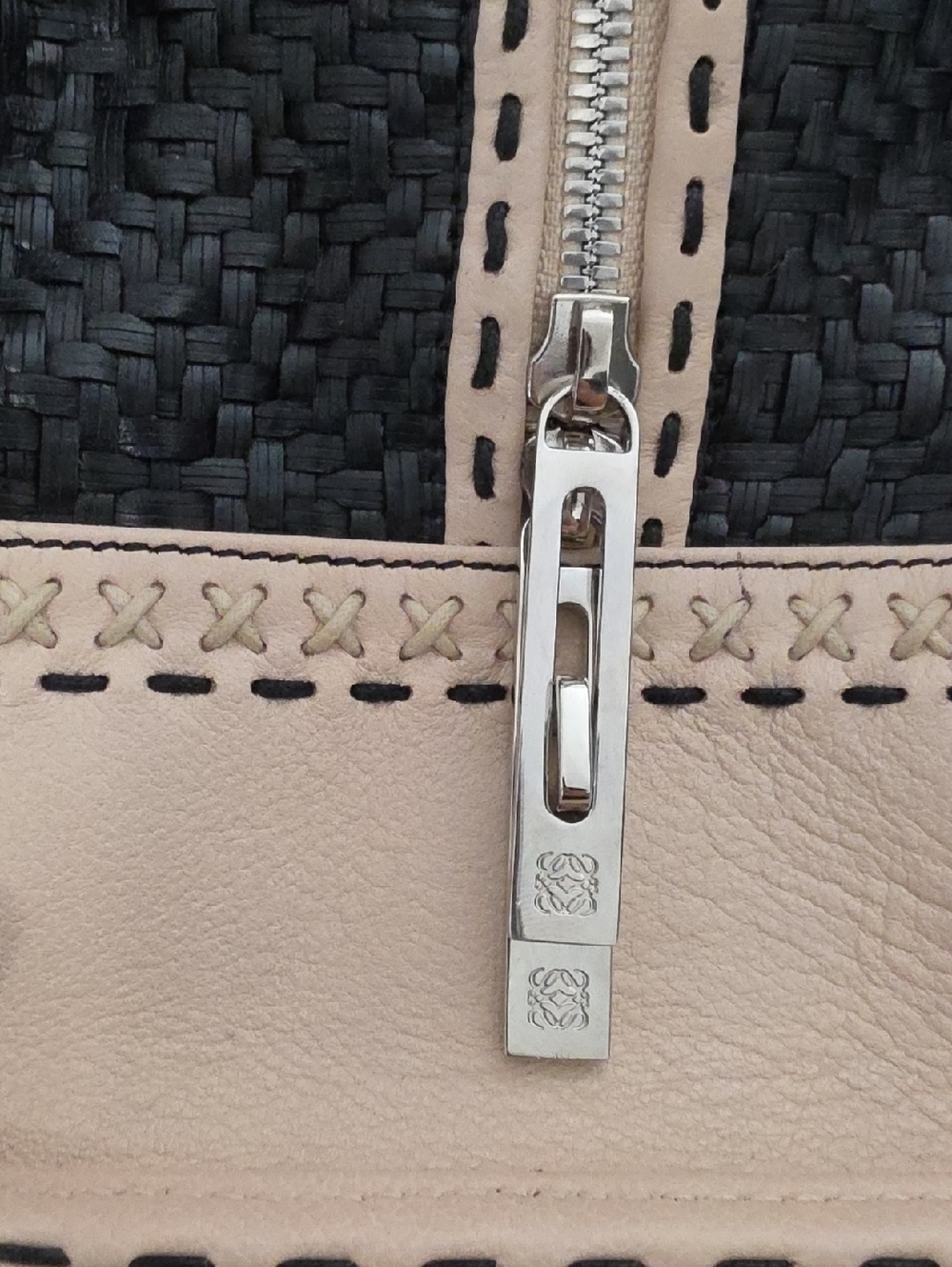 Leather-Trim Woven Satchel Bag - Black & Beige - Picture 13 of 16